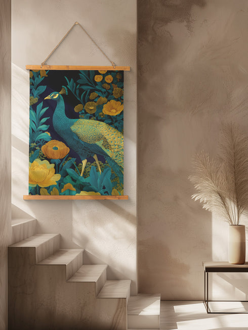 Vintage peacock botanical wall tapestry featuring majestic teal peacock with golden plumage amid lush emerald foliage and golden poppy flowers on dark charcoal background. Decorative wall hanging with wooden frame and twine hanger, perfect for boho, cottagecore, or dark academia home decor. Rich jewel tones create mystical woodland garden atmosphere in this nature-inspired art piece.